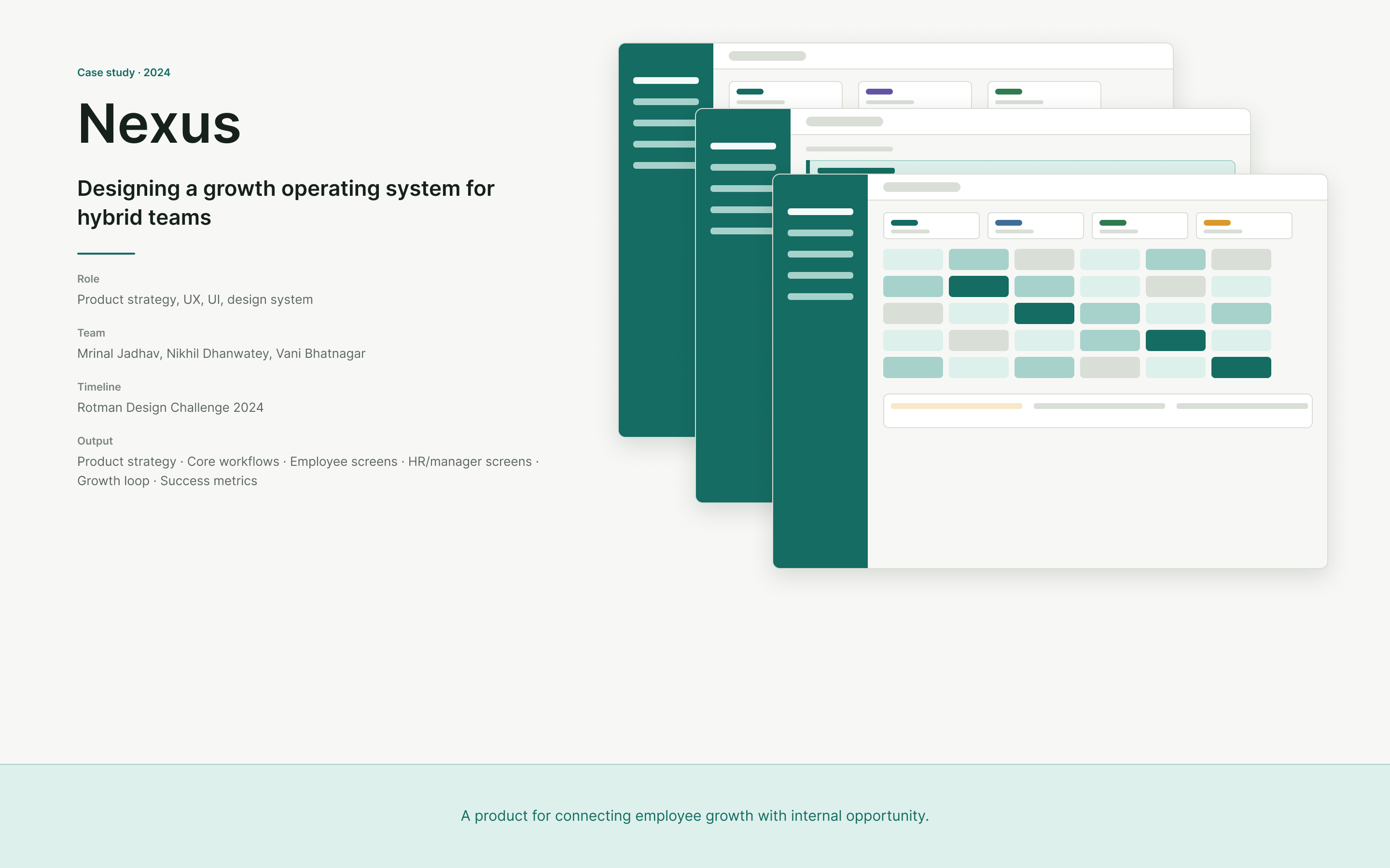 Composite of Nexus product interfaces showing profile, matching and skill map screens.