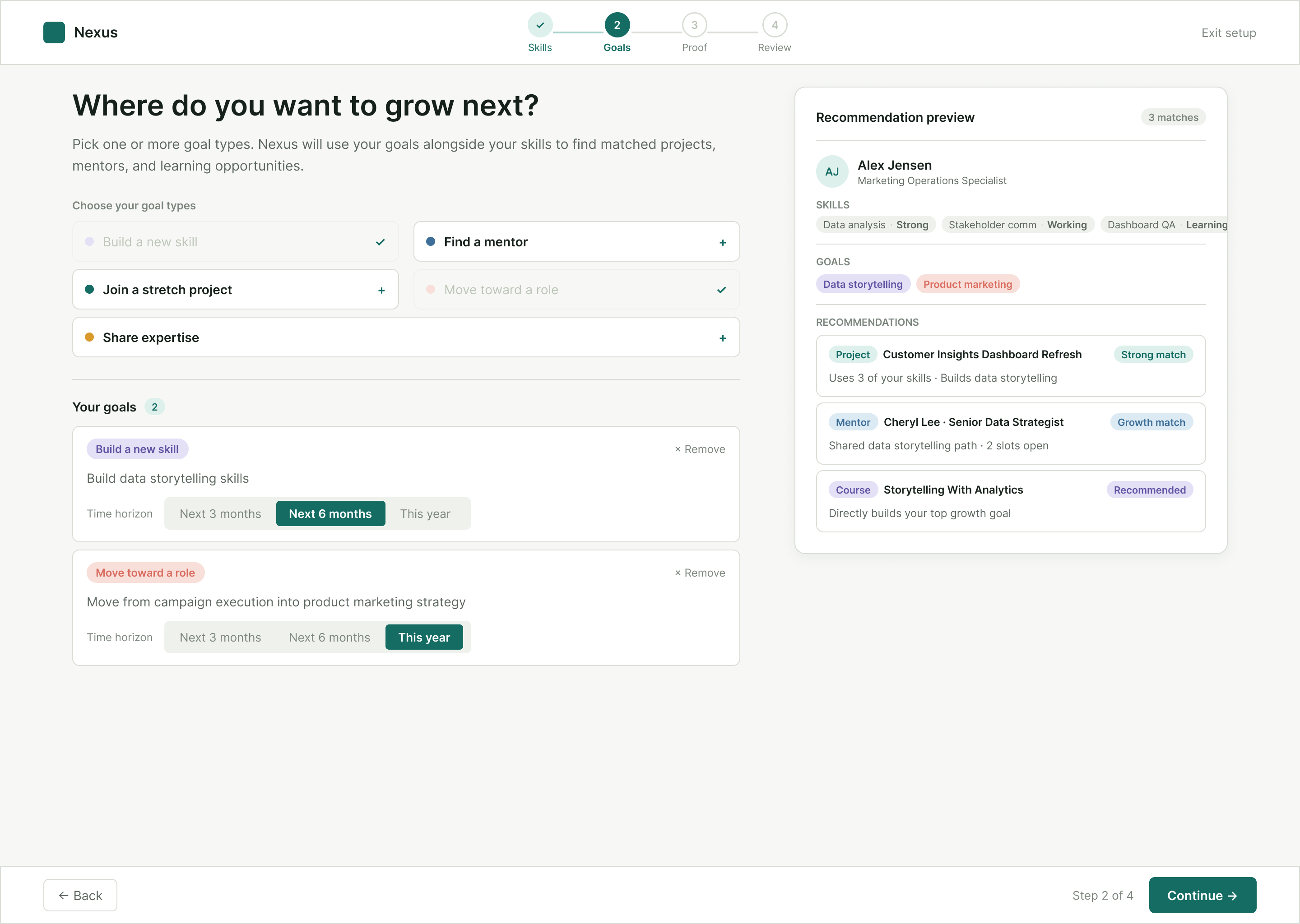 Nexus set growth goals screen with multiple goals.