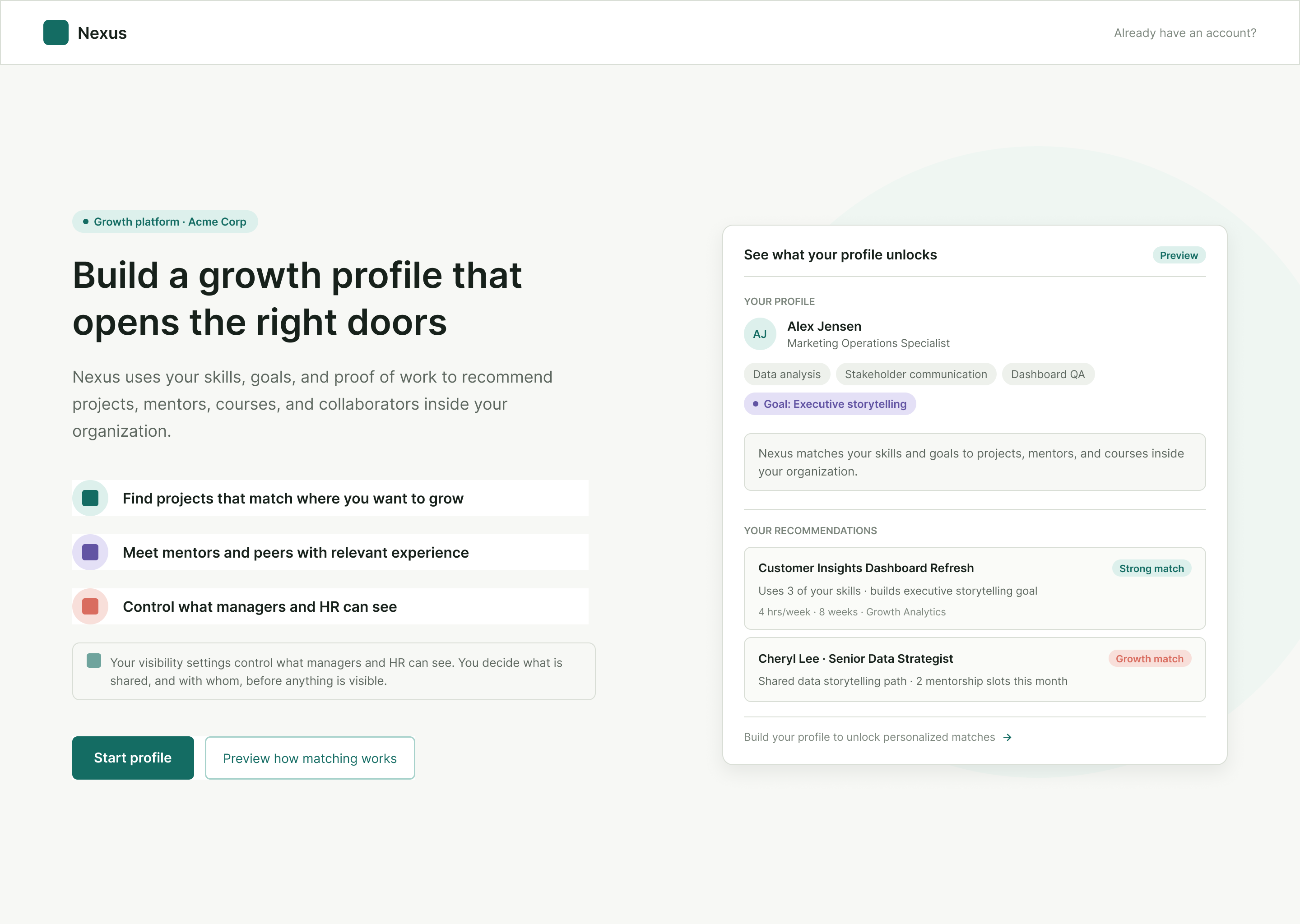 Nexus welcome value proposition screen.