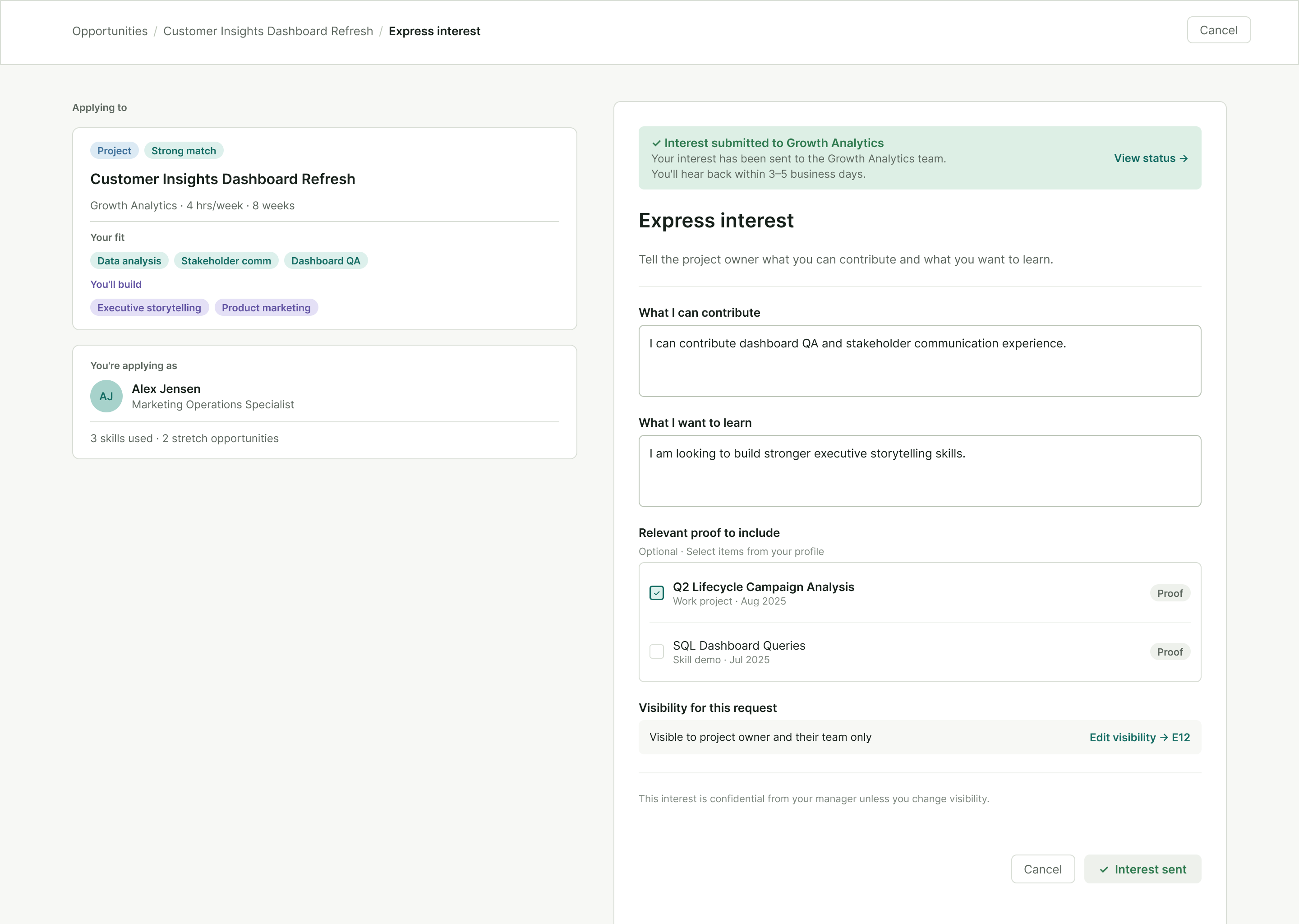 Nexus express interest screen after submission.
