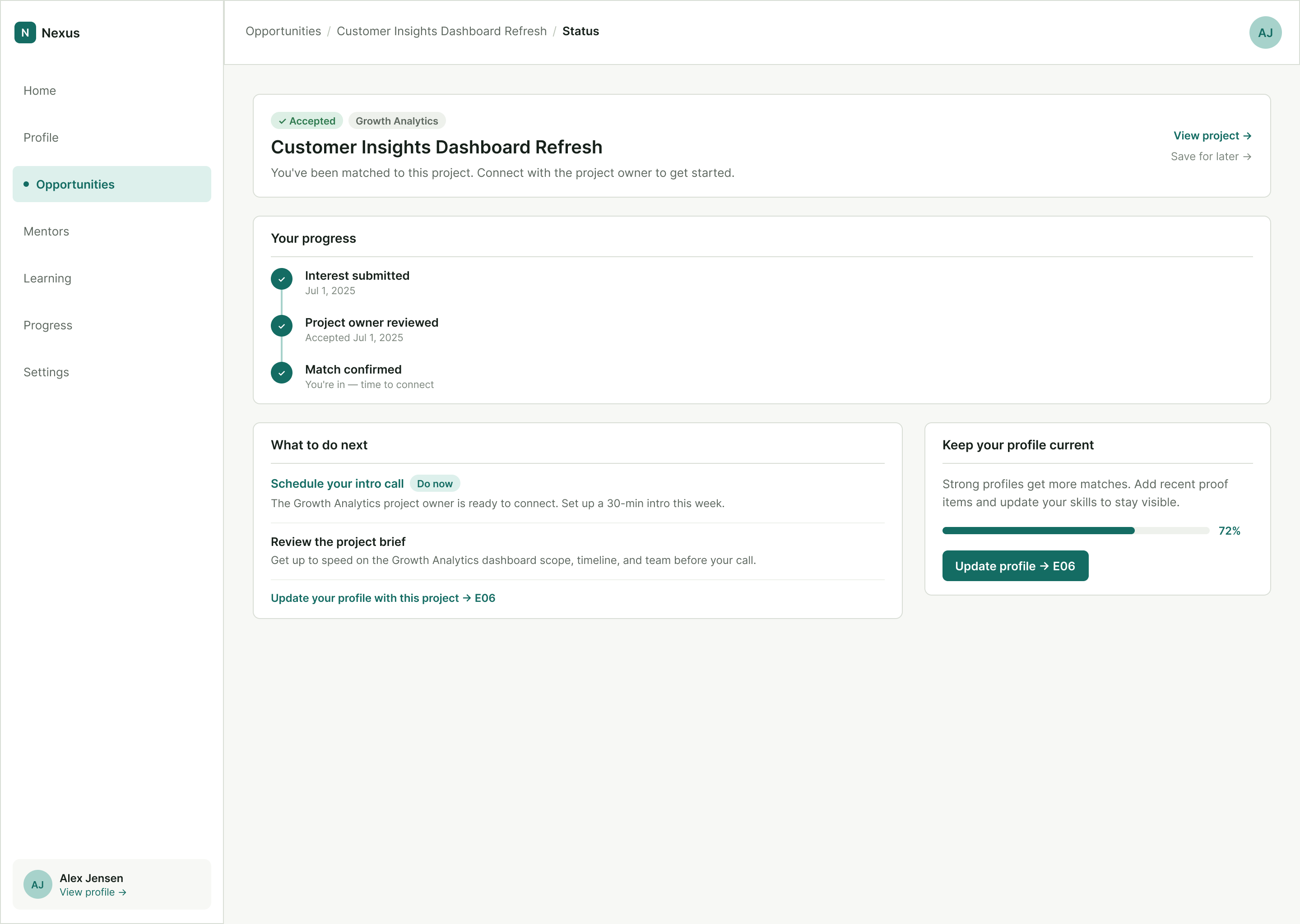 Nexus opportunity status accepted screen.